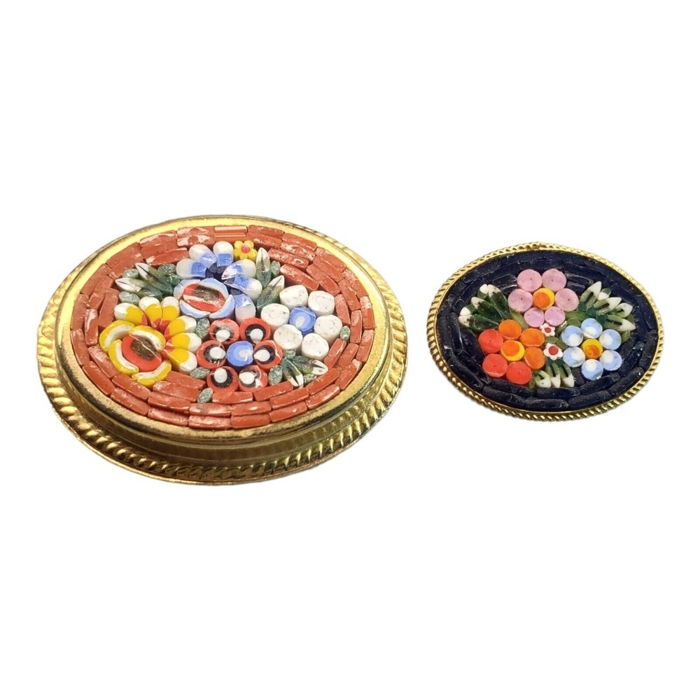 Vintage Pair of Floral Micromosaic Inlay Italy Glass Brooch Pin Costume Jewelry